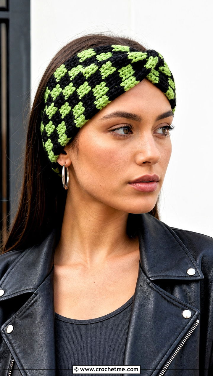 Twist Front Crochet Checkered Headband With Leather Jacket And Black Jeans - 25 crochet checkered headband outfit ideas