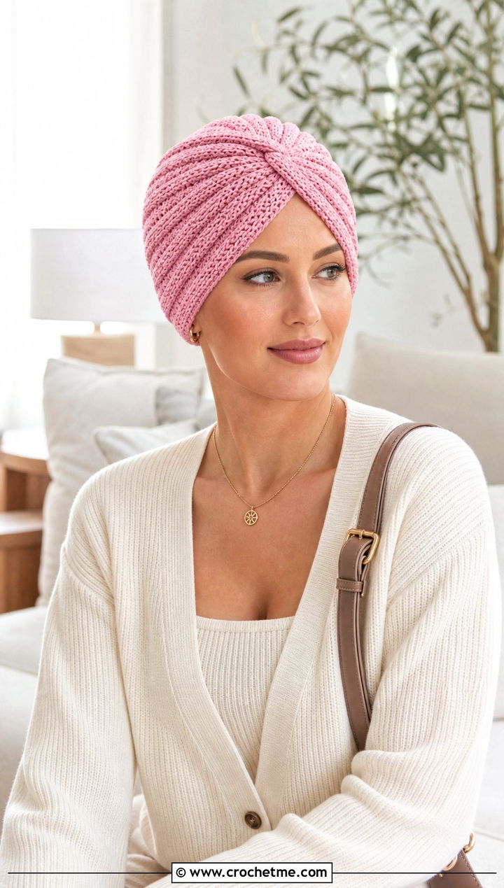 Twist Front Crochet Chemo Turban With Knit Lounge Set - 30 crochet chemo hat outfit ideas