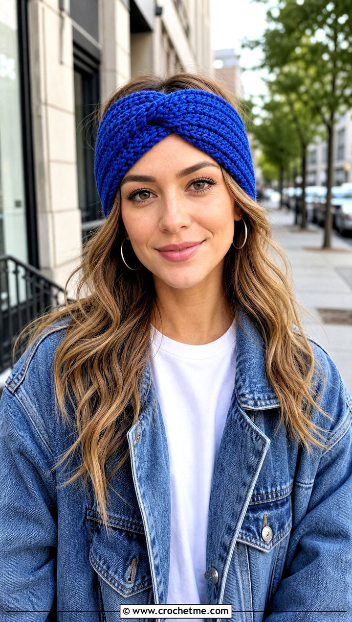Twist Front Crochet Ear Warmer With Denim Jacket - 25 Beginner Crochet Ear Warmer outfit ideas