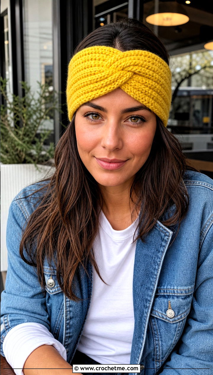 Twist Front Crochet Ear Warmer With Denim Jacket - 25 Quick Crochet Ear Warmer outfit ideas