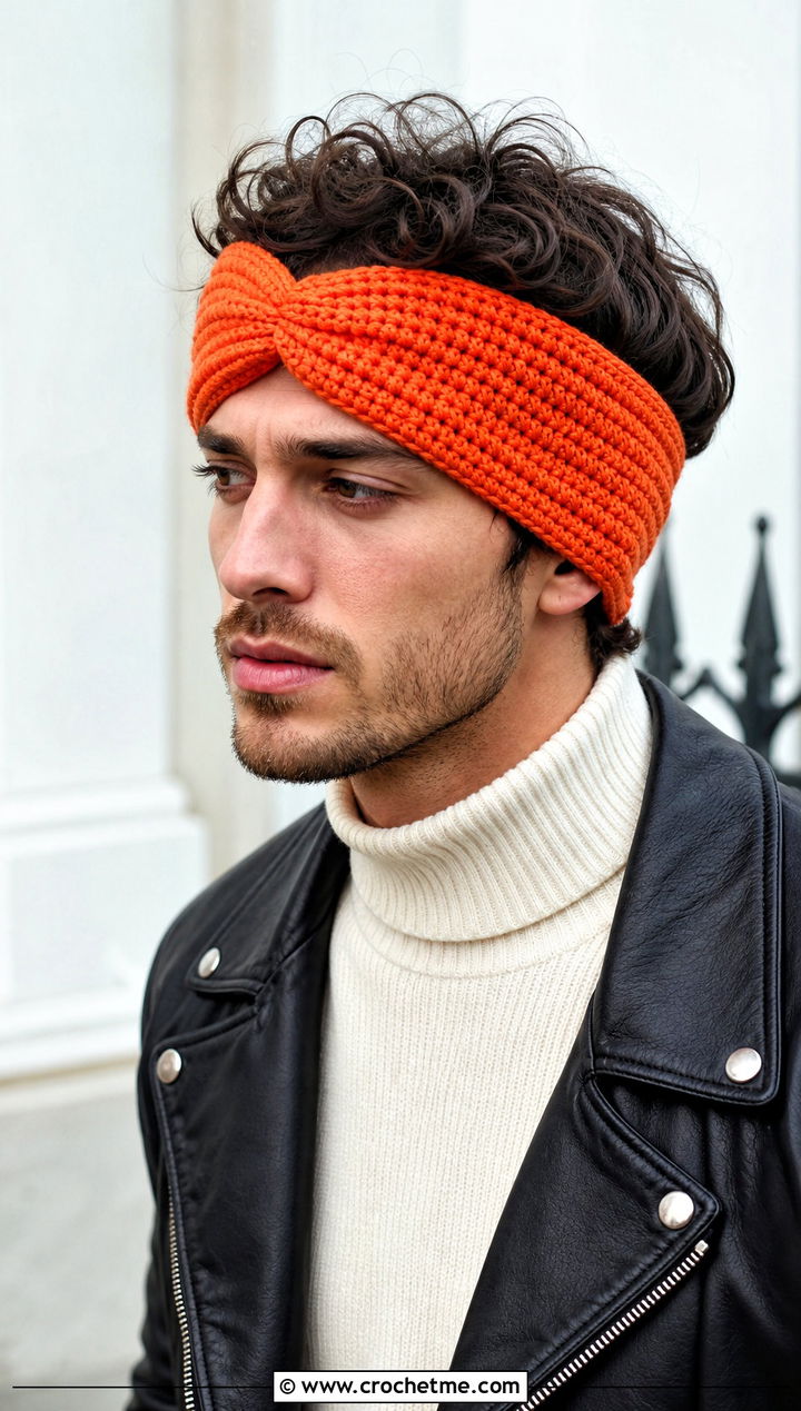 Twist Front Crochet Ear Warmer With Leather Jacket - 15 mens crochet ear warmer outfit ideas