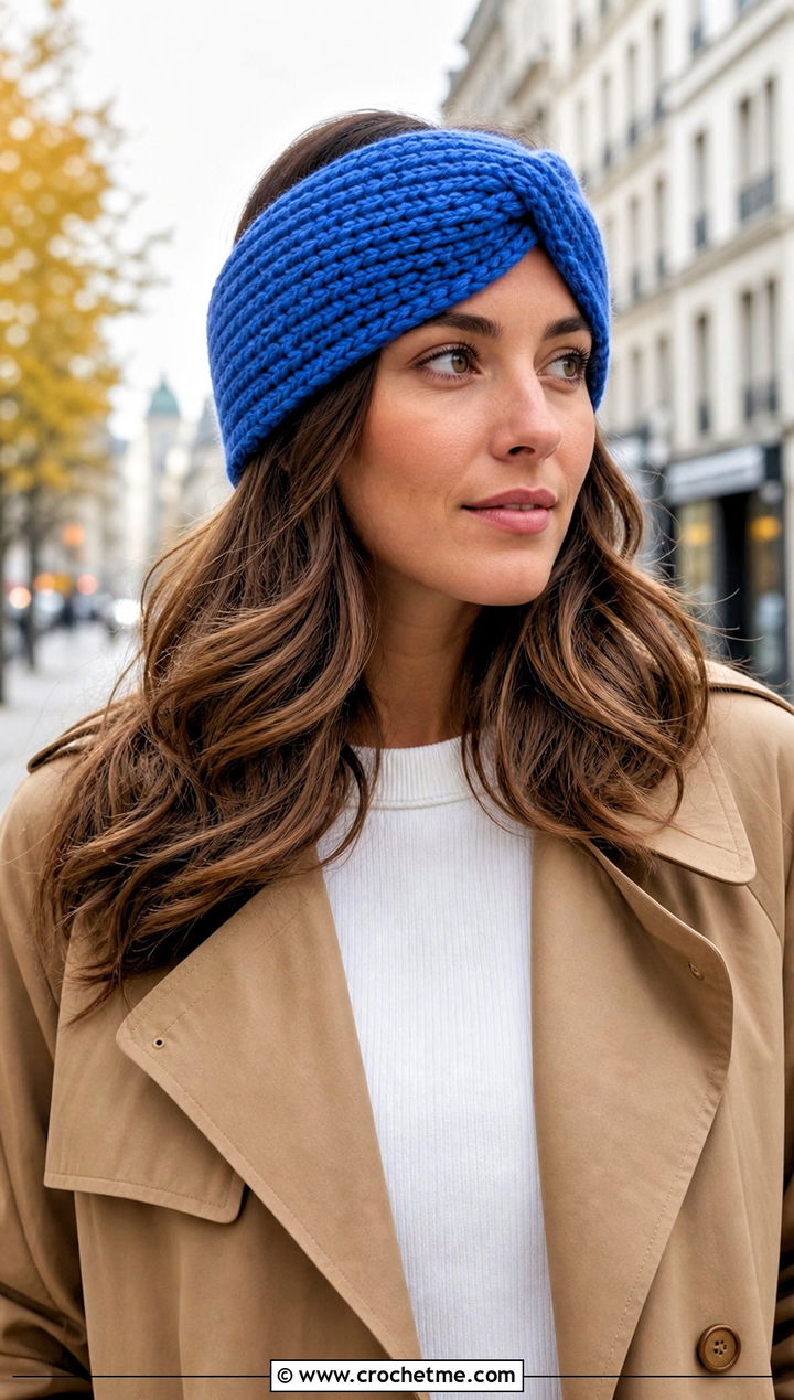 Twist Front Crochet Ear Wrap With Trench Coat - 20 crochet ear wrap outfit ideas