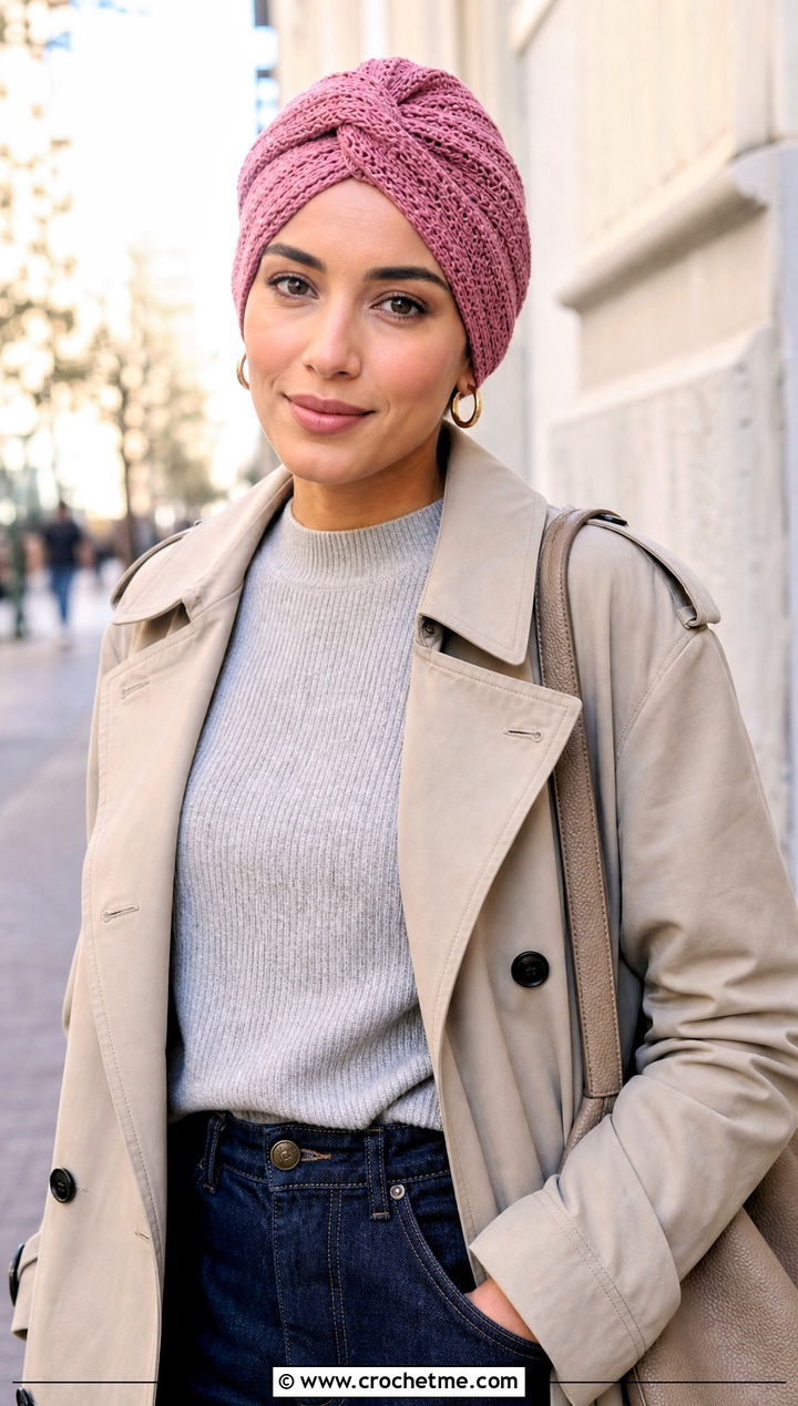 Twist Front Crochet Head Wrap With Trench Coat - 15 crochet head wraps outfit ideas