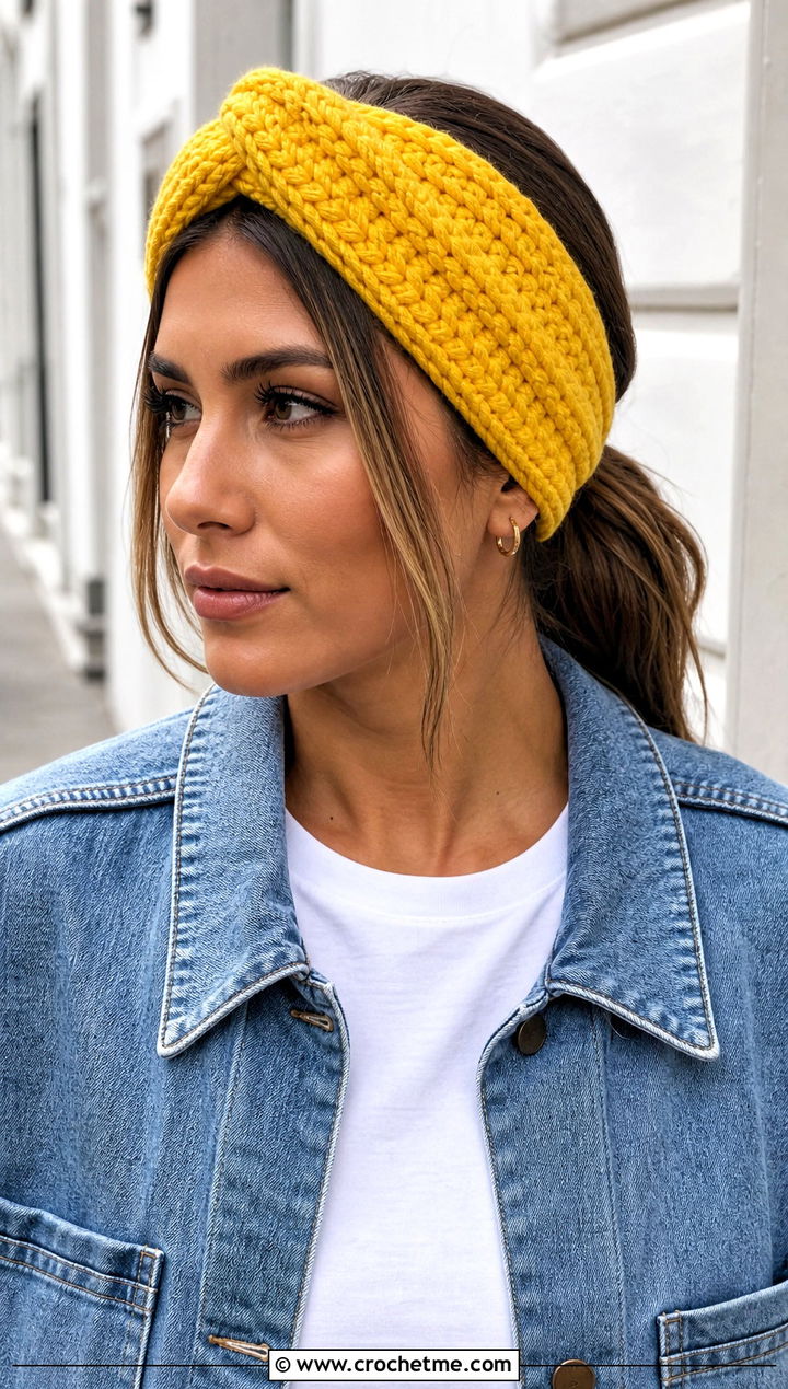Twist Front Crochet Headband With Denim Jacket - 30 crochet fall headband outfit ideas