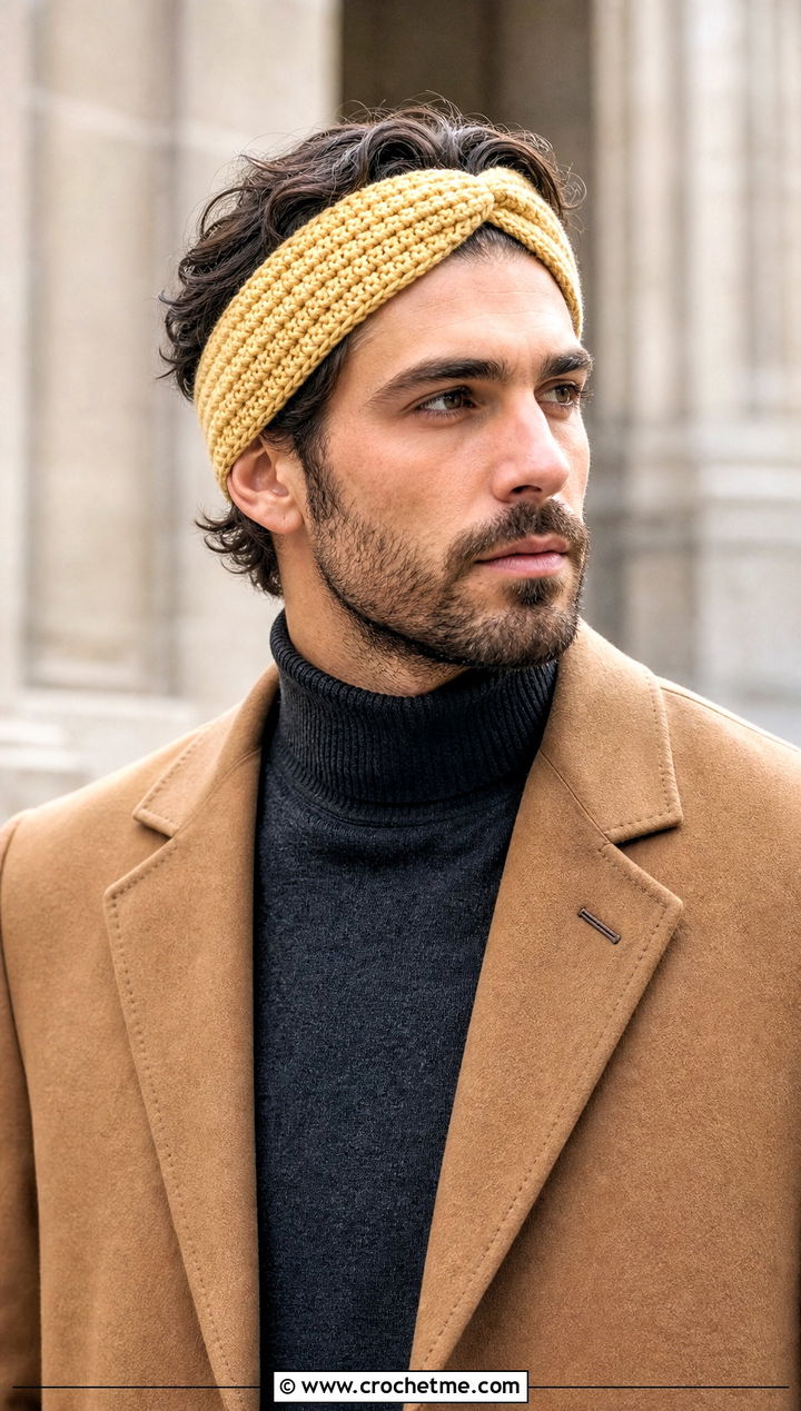 Twist Front Crochet Headband With Tailored Overcoat - 25 men's crochet headband outfit ideas