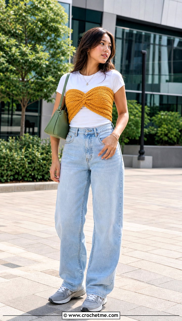 Twist Front Crochet Tube Top Over A Fitted T Shirt - 35 crochet tube tops outfit ideas