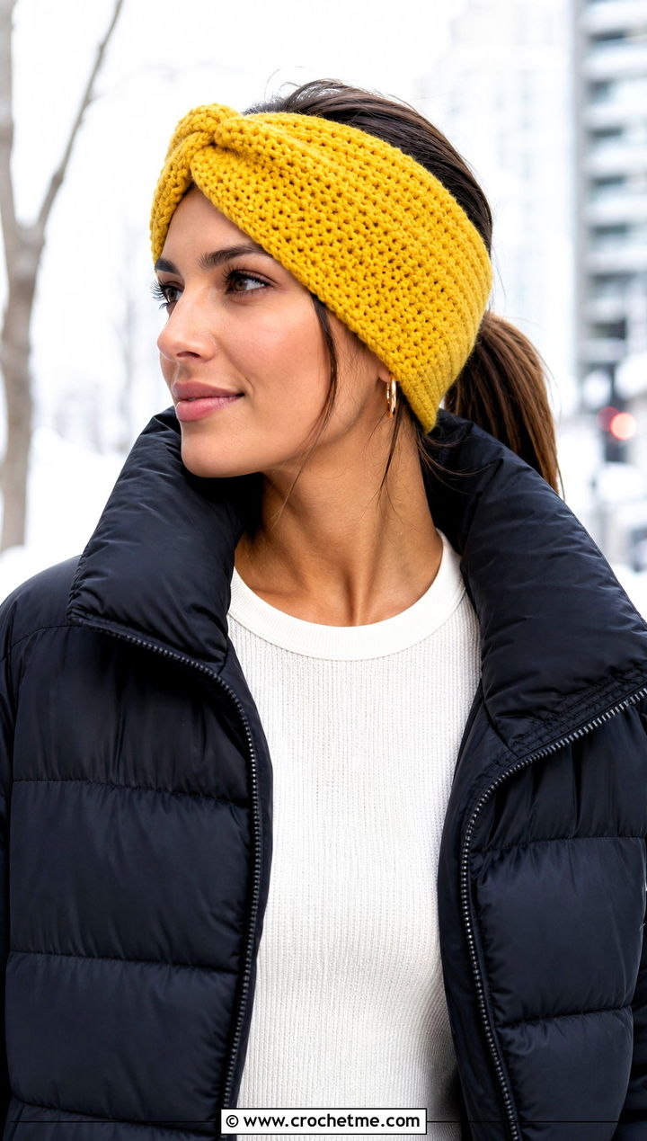 Twist Front Ribbed Crochet Ear Warmer With Puffer Jacket - 30 crochet ear warmer headband outfit ideas