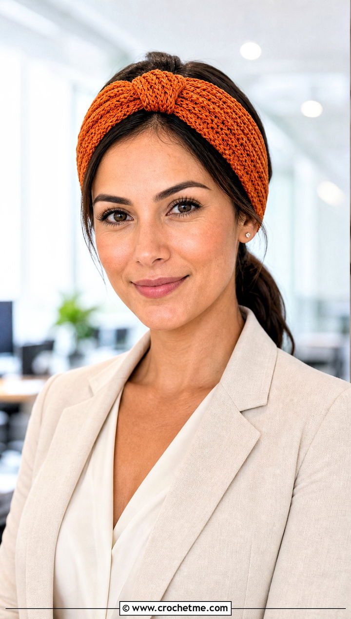 Twist Knot Crochet Headband With Work Trousers - 30 boho crochet headband outfit ideas