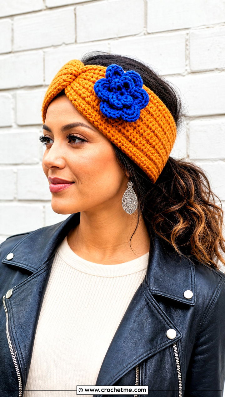 Twist Turban Crochet Headband With Blue Flower And Leather Jacket - 15 crochet headband with blue flower outfit ideas