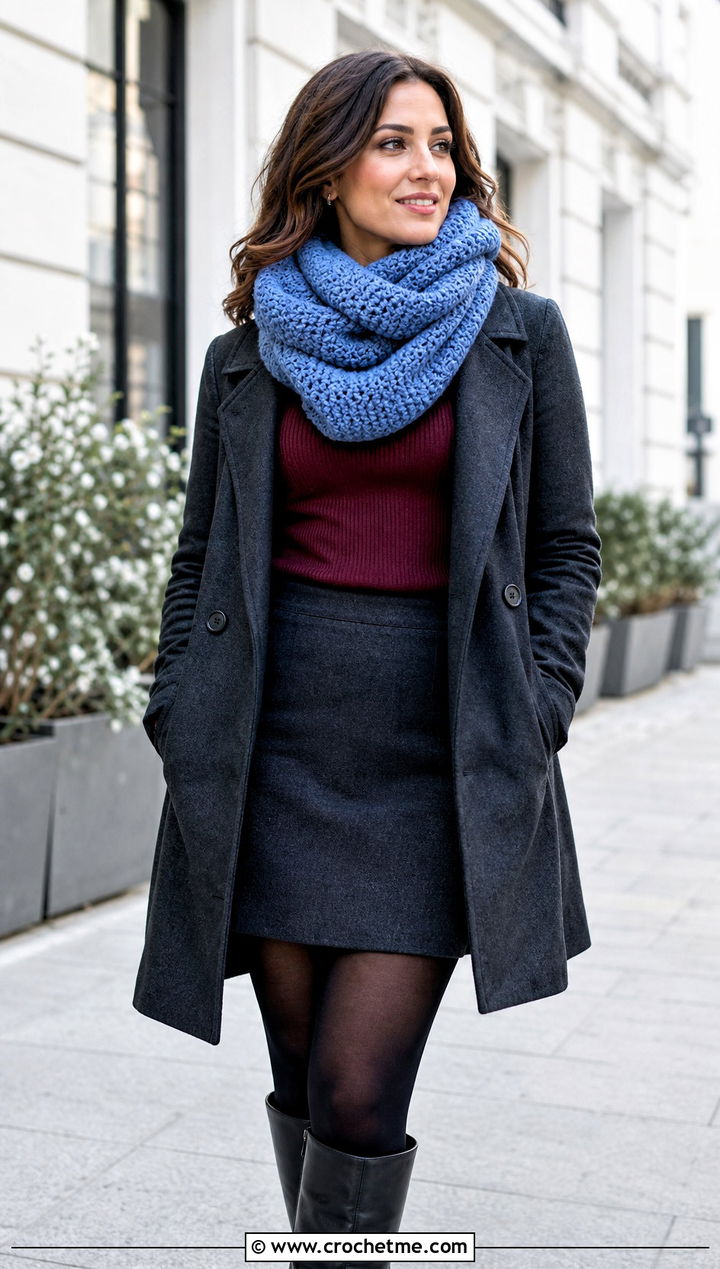 Twisted Bulky Crochet Cowl With Peacoat - 20 Bulky Crochet Cowl outfit ideas