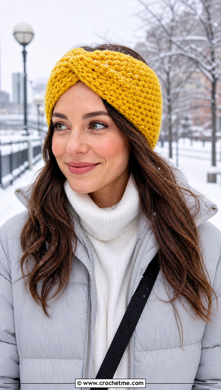 Twisted Bulky Crochet Ear Warmer With Puffer Jacket - 25 Bulky Crochet Ear Warmer outfit ideas