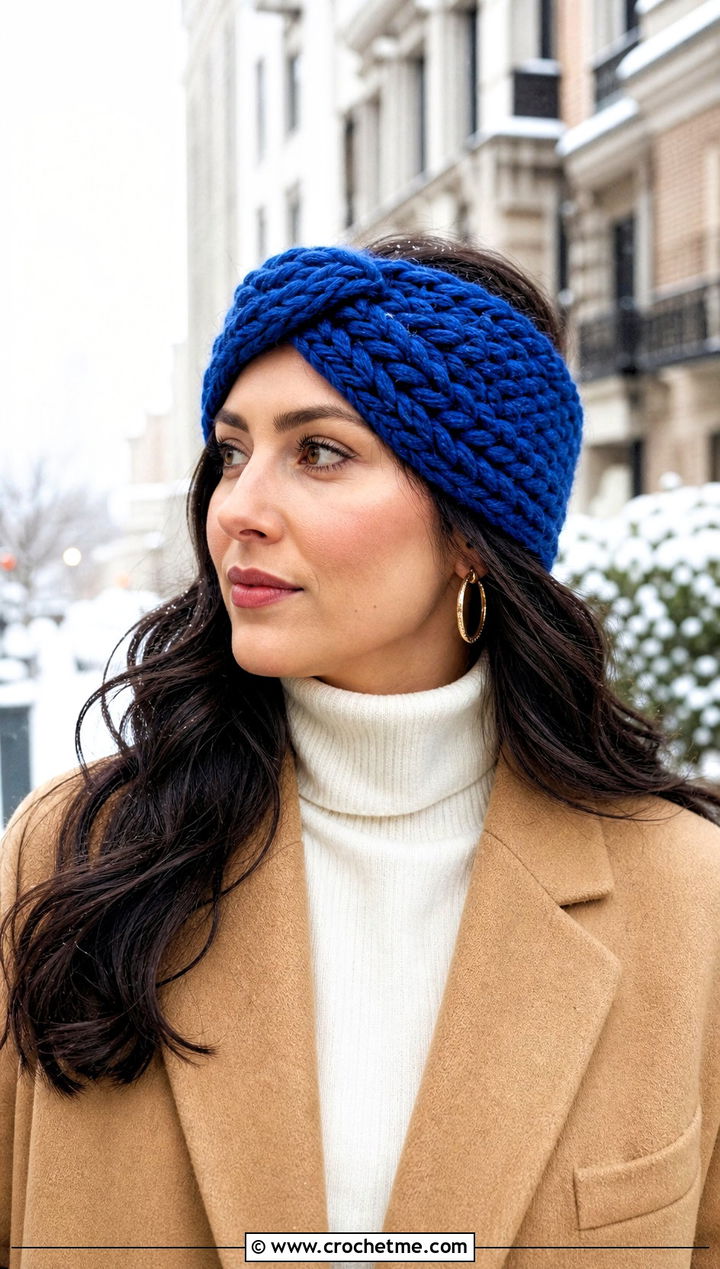 Twisted Bulky Yarn Crochet Headband With Wool Coat - 25 bulky yarn crochet headband outfit ideas