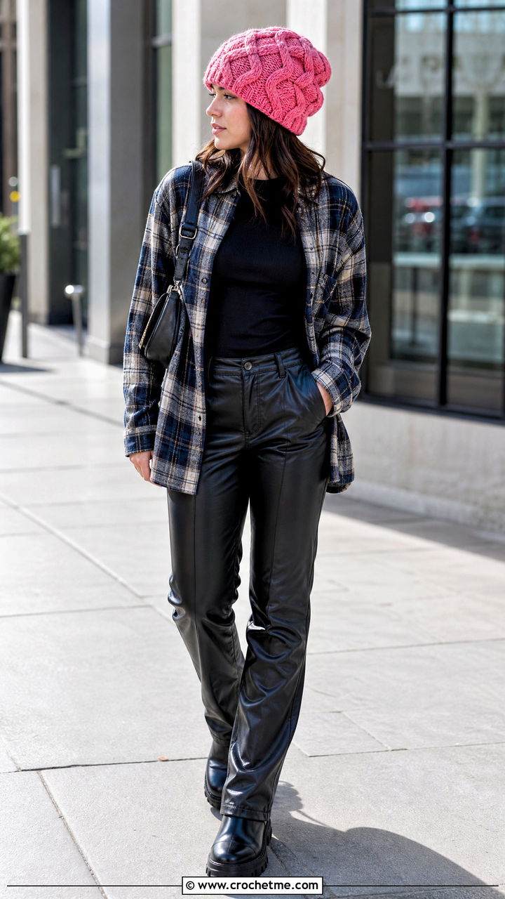 Twisted Cable Crochet Beanie With Flannel Shirt And Leather Pants - 35 crochet cable hat outfit ideas