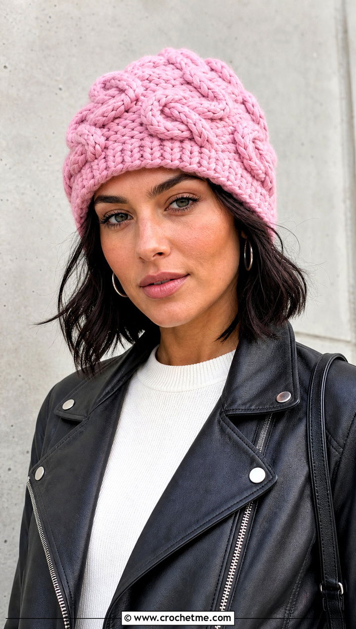 Twisted Cable Crochet Beanie With Leather Jacket - 25 crochet cable beanie outfit ideas