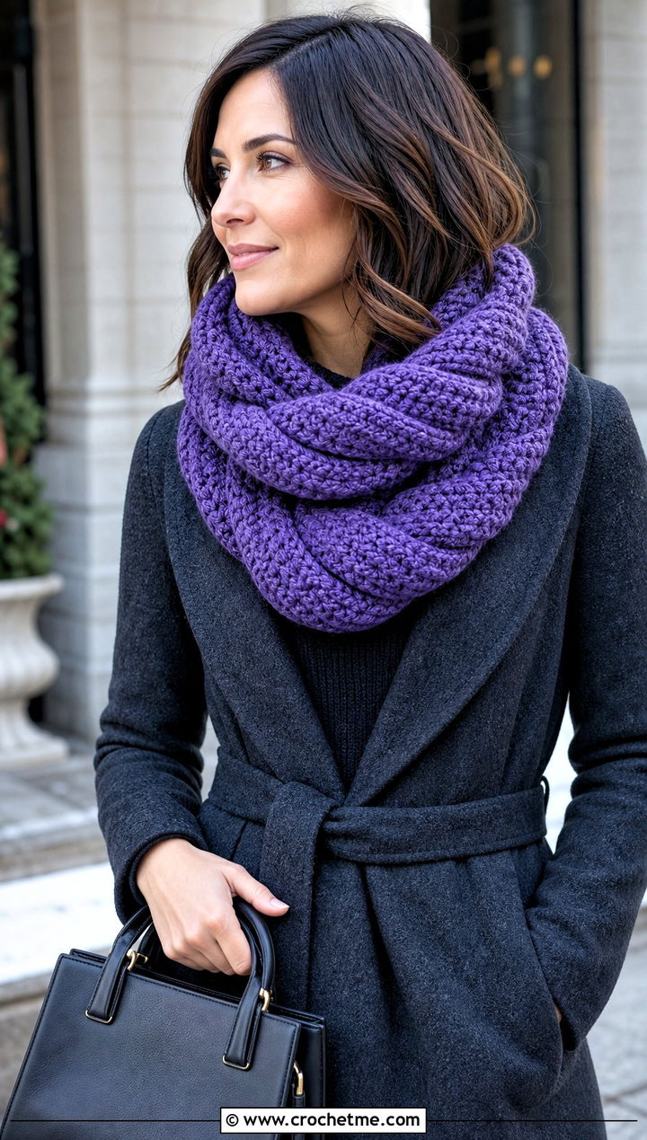 Twisted Cable Crochet Chunky Cowl With Sweater Dress - 30 crochet chunky cowl outfit ideas