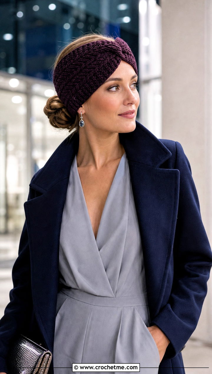 Twisted Cable Ear Warmer With Evening Jumpsuit - 15 cable crochet headband outfit ideas