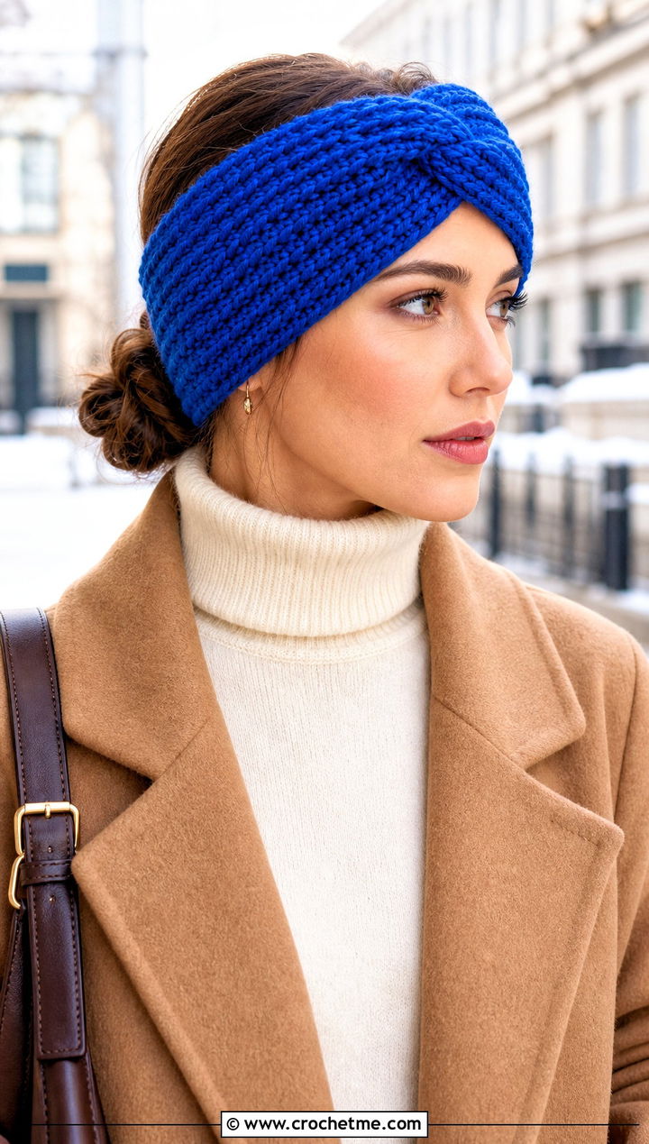 Twisted Cable Ear Warmer With Wool Coat - 25 crochet cable headband outfit ideas