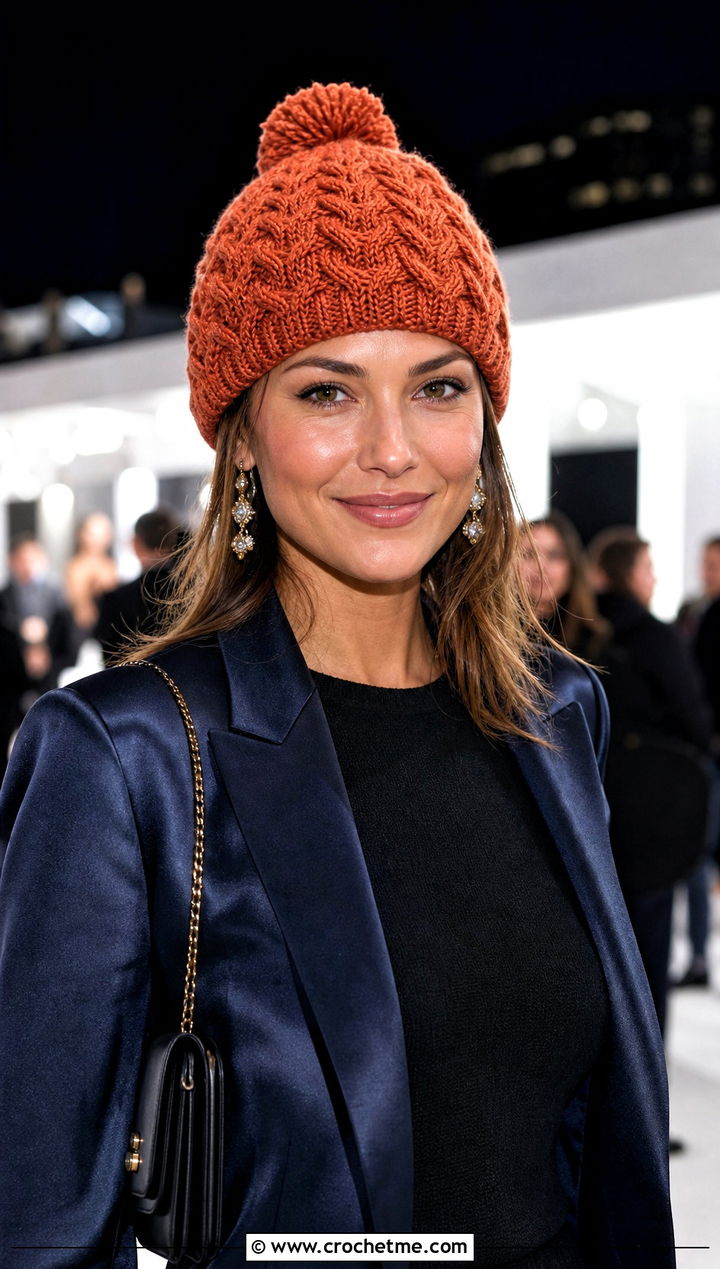 Twisted Cable Pom Pom Beanie With Satin Blazer - 20 Crochet Cable Stitch Beanie outfit ideas