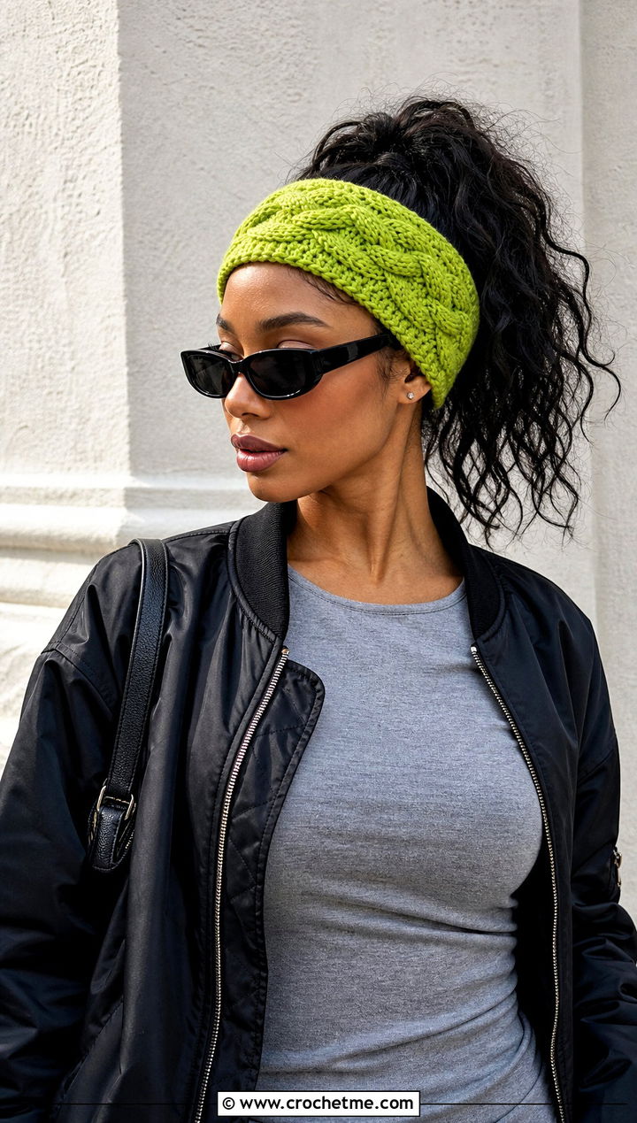 Twisted Cable Stitch Crochet Headband With Bomber Jacket - 15 Cable Stitch Crochet Headband outfit ideas