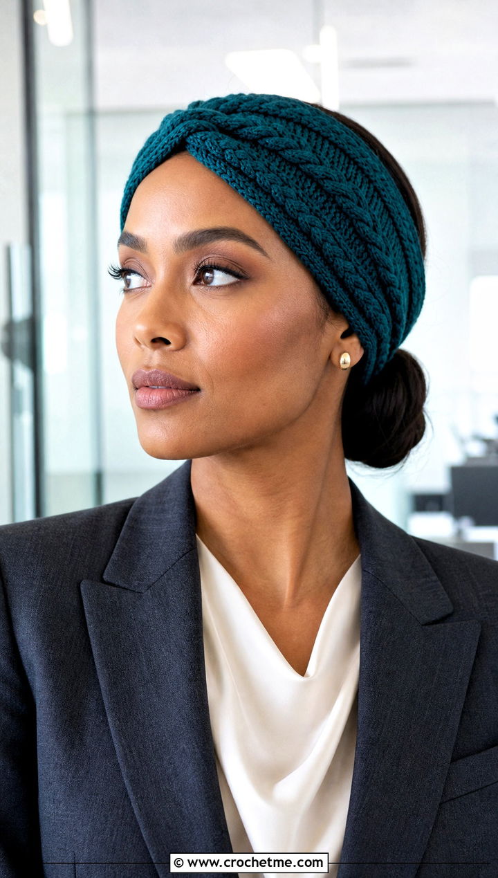 Twisted Cable Turban Headband With Blazer - 15 cable crochet headband outfit ideas