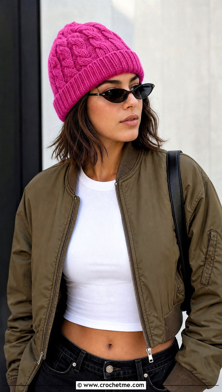 Twisted Cable Watch Cap With Bomber Jacket - 25 Cable Knit Crochet Hat outfit ideas