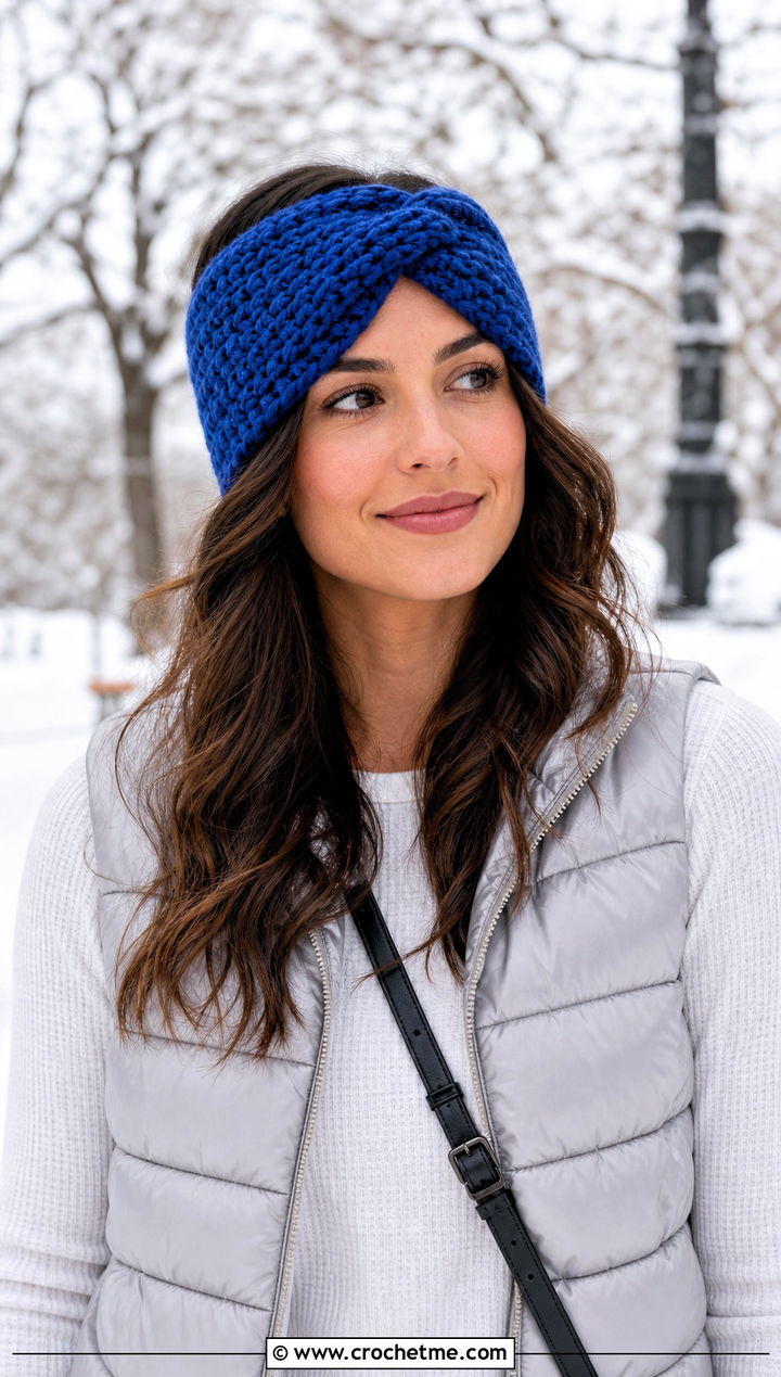 Twisted Chunky Ear Warmer With Puffer Vest - 25 Crochet Chunky Ear Warmer outfit ideas