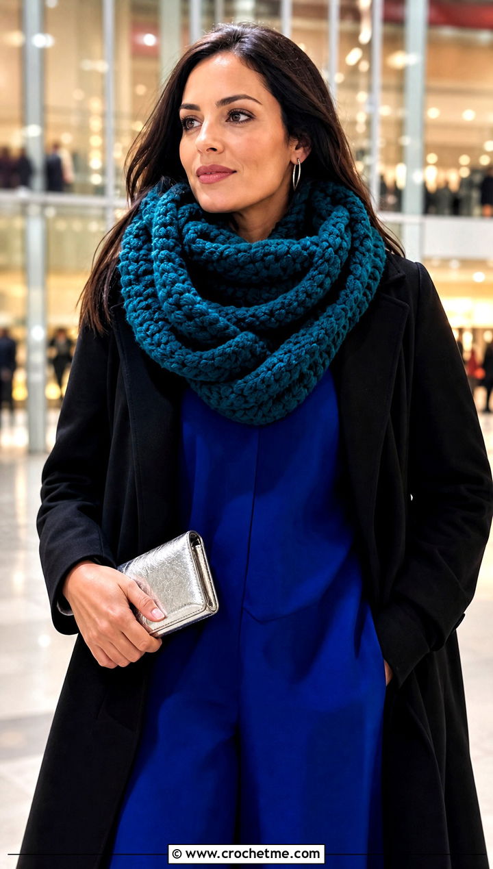 Twisted Cowl Super Bulky Crochet Scarf With Evening Coat - 15 Super Bulky Crochet Scarf outfit ideas