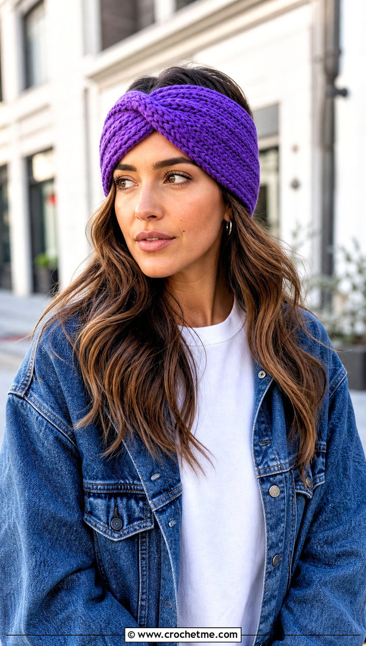 Twisted Crochet Ear Warmer With Denim Jacket - 15 Quick And Easy Crochet Ear Warmers outfit ideas