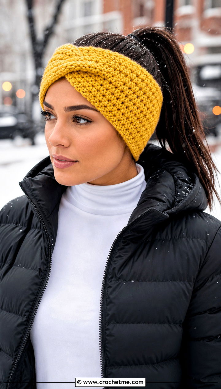 Twisted Crochet Ear Warmer With Puffer Jacket and Leggings - 25 Simple Crochet Ear Warmer outfit ideas