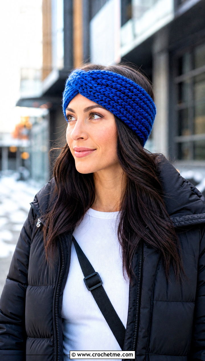 Twisted Crochet Ear Warmer With Puffer Jacket - 20 Crochet Headband Ear Warmers outfit ideas