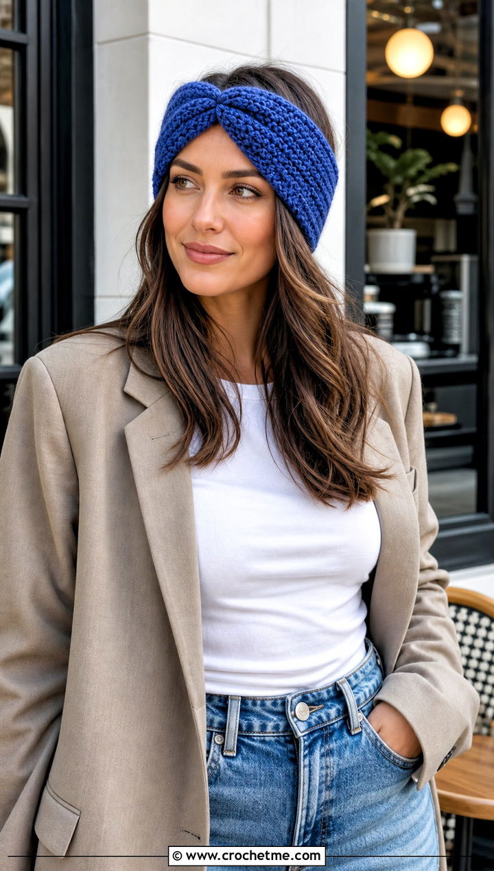 Twisted Crochet Headband With Blazer And Jeans - 15 knit or crochet headbands outfit ideas