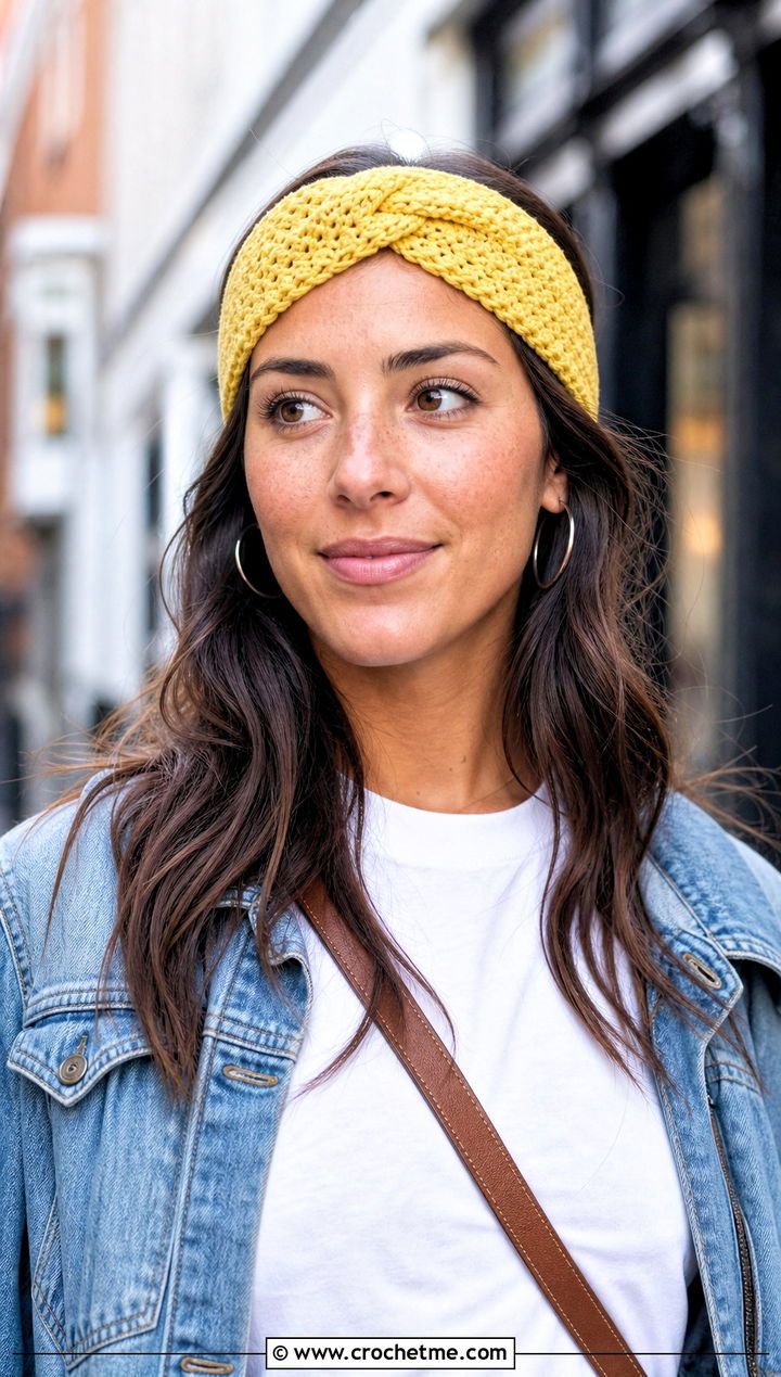 Twisted Crochet Headband With T Shirt And Jeans - 30 quick crochet headband outfit ideas