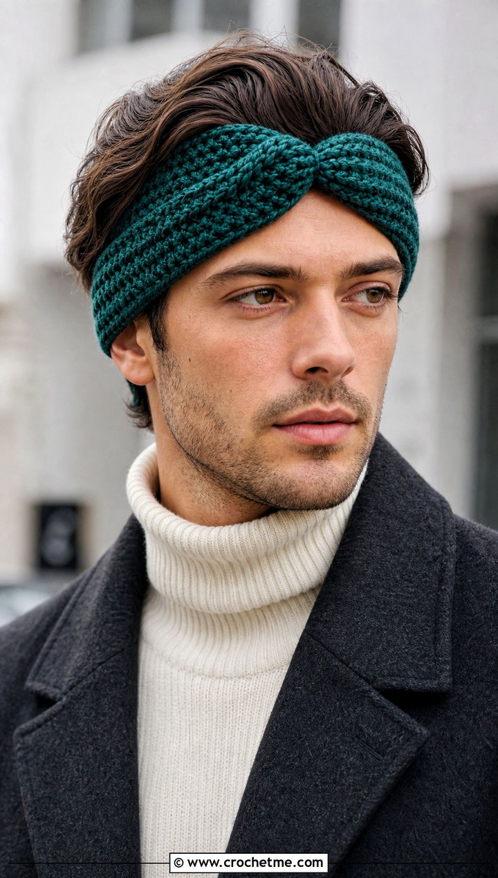Twisted Crochet Headband With Wool Coat And Turtleneck - 15 Crochet Headband For Men outfit ideas