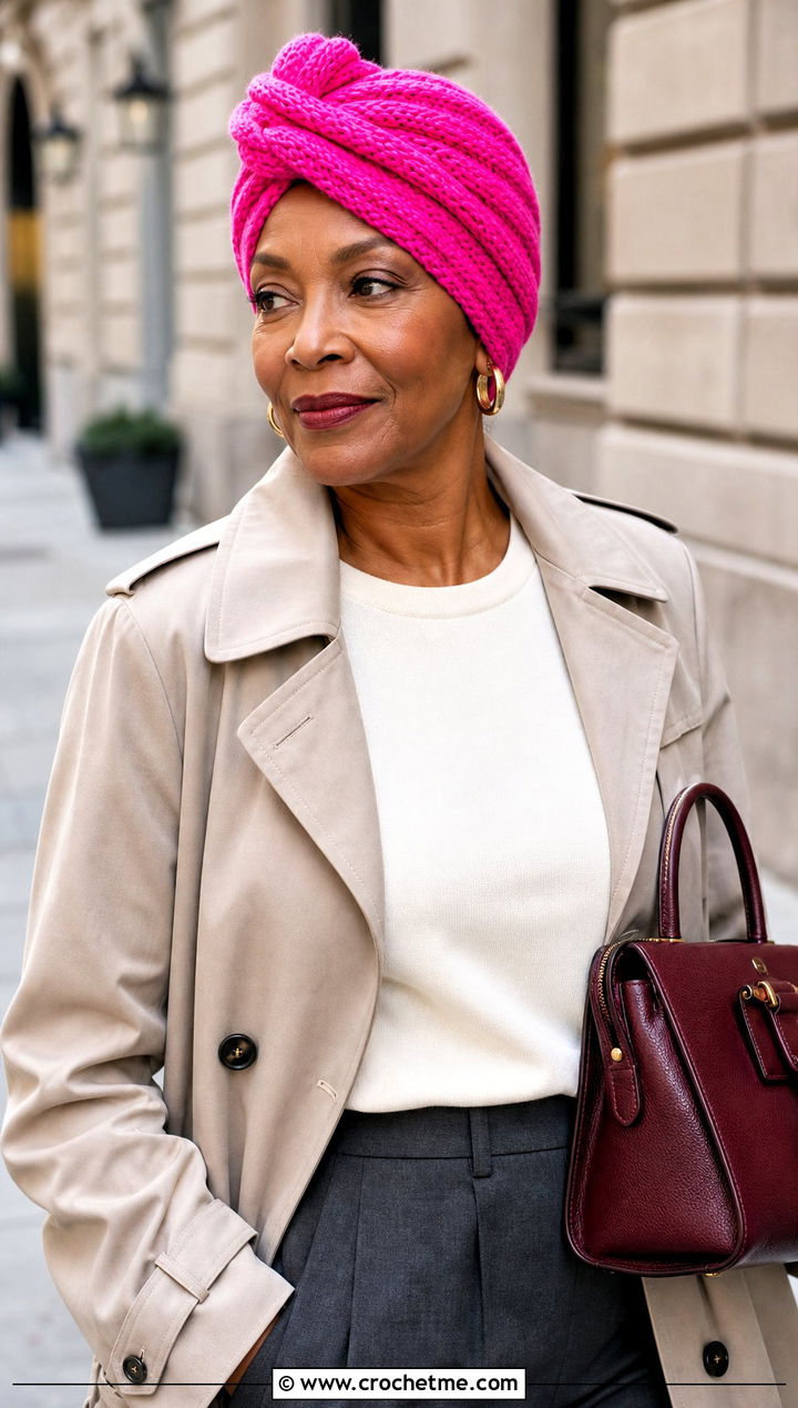 Twisted Crochet Headwrap With Trench Coat - 35 crochet headwrap outfit ideas