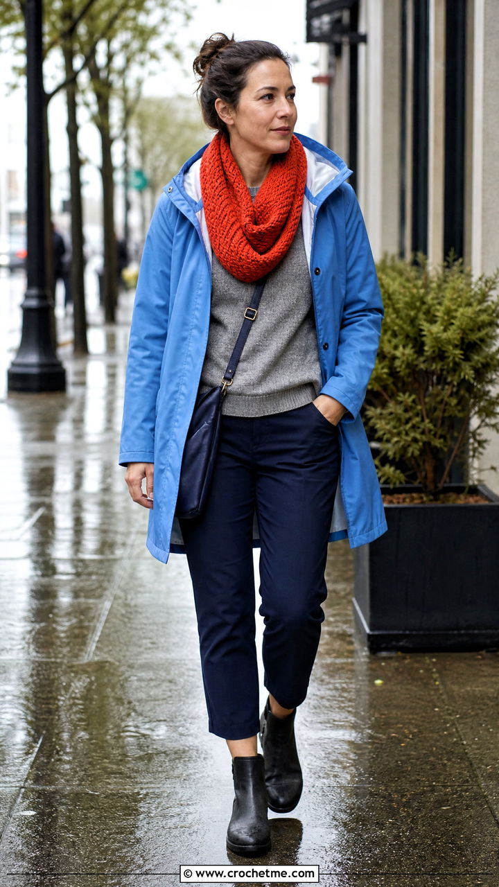 Twisted Crochet Infinity Scarf With Raincoat - 35 crochet infinity scarf outfit ideas