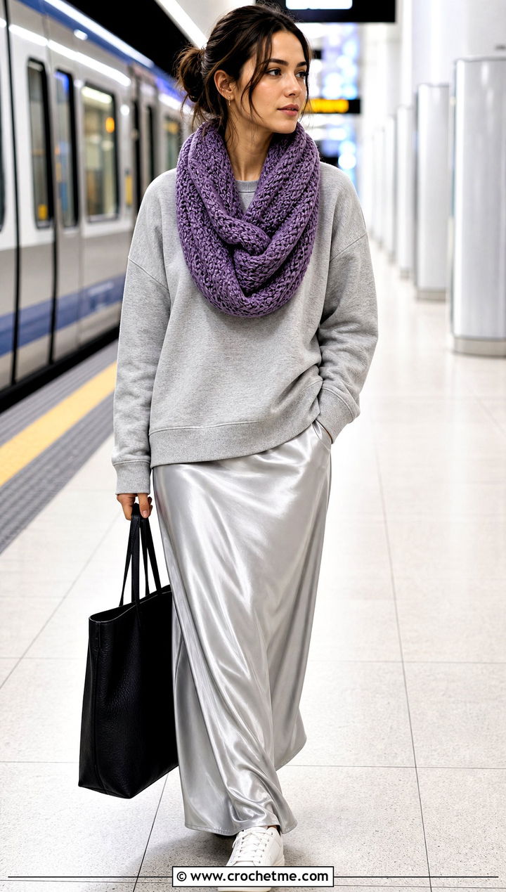Twisted Crochet Infinity Scarf With Sweatshirt And Maxi Skirt - 30 bulky crochet scarf outfit ideas