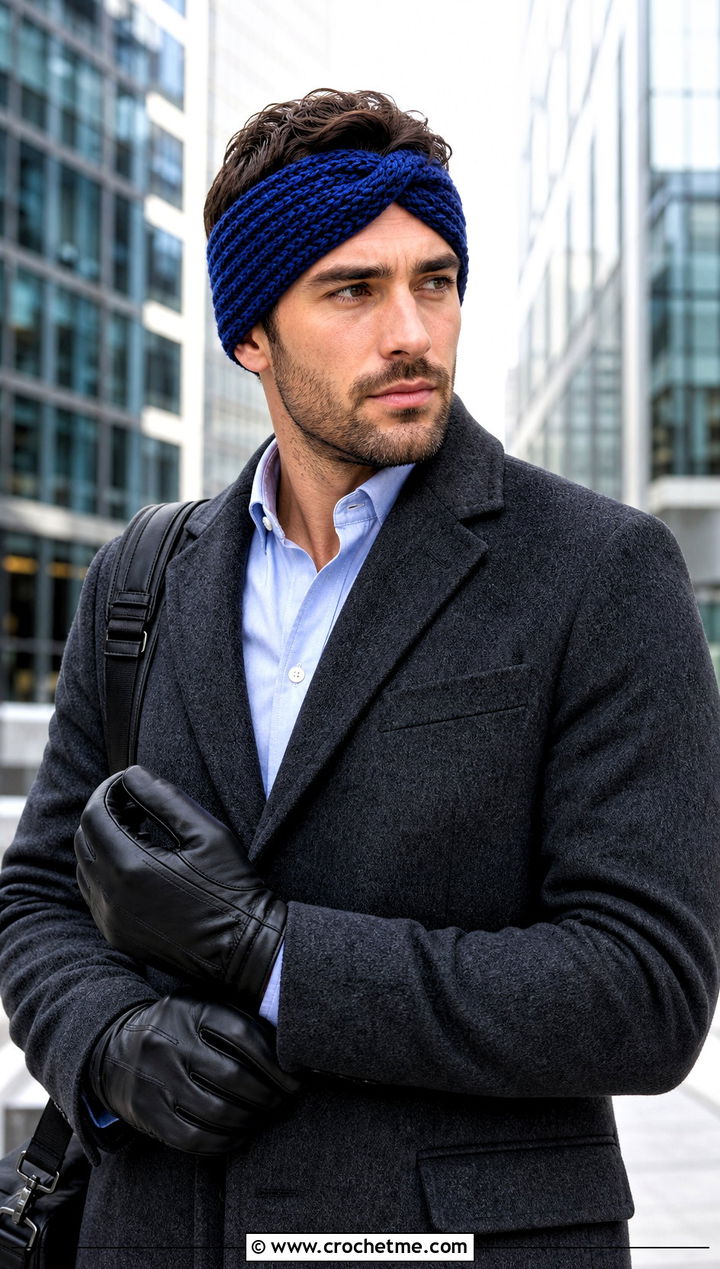 Twisted Crochet Mens Ear Warmer With Wool Coat - 25 Crochet Mens Ear Warmer outfit ideas