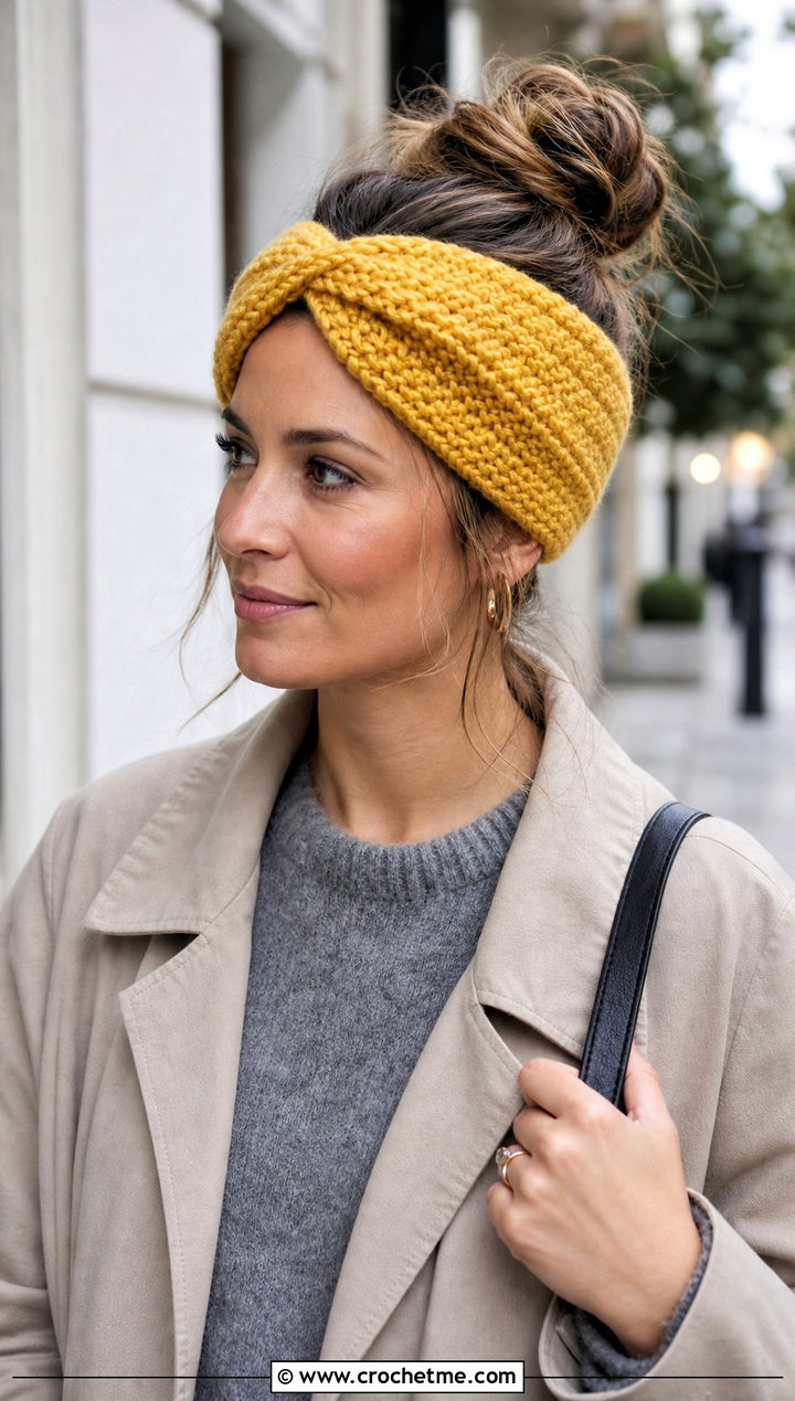 Twisted Crochet Messy Bun Ear Warmer With Trench Coat - 20 Crochet Messy Bun Ear Warmer outfit ideas