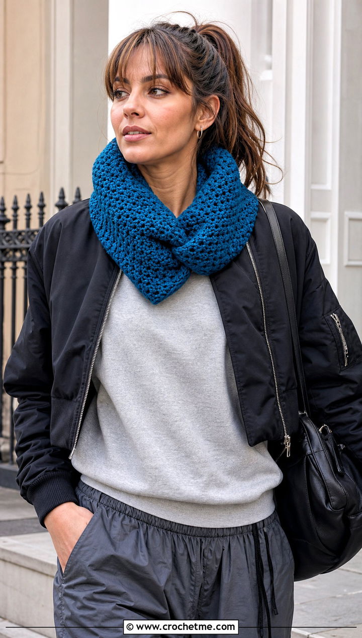 Twisted Crochet Snood Cowl With Bomber Jacket - 20 crochet snood cowl outfit ideas