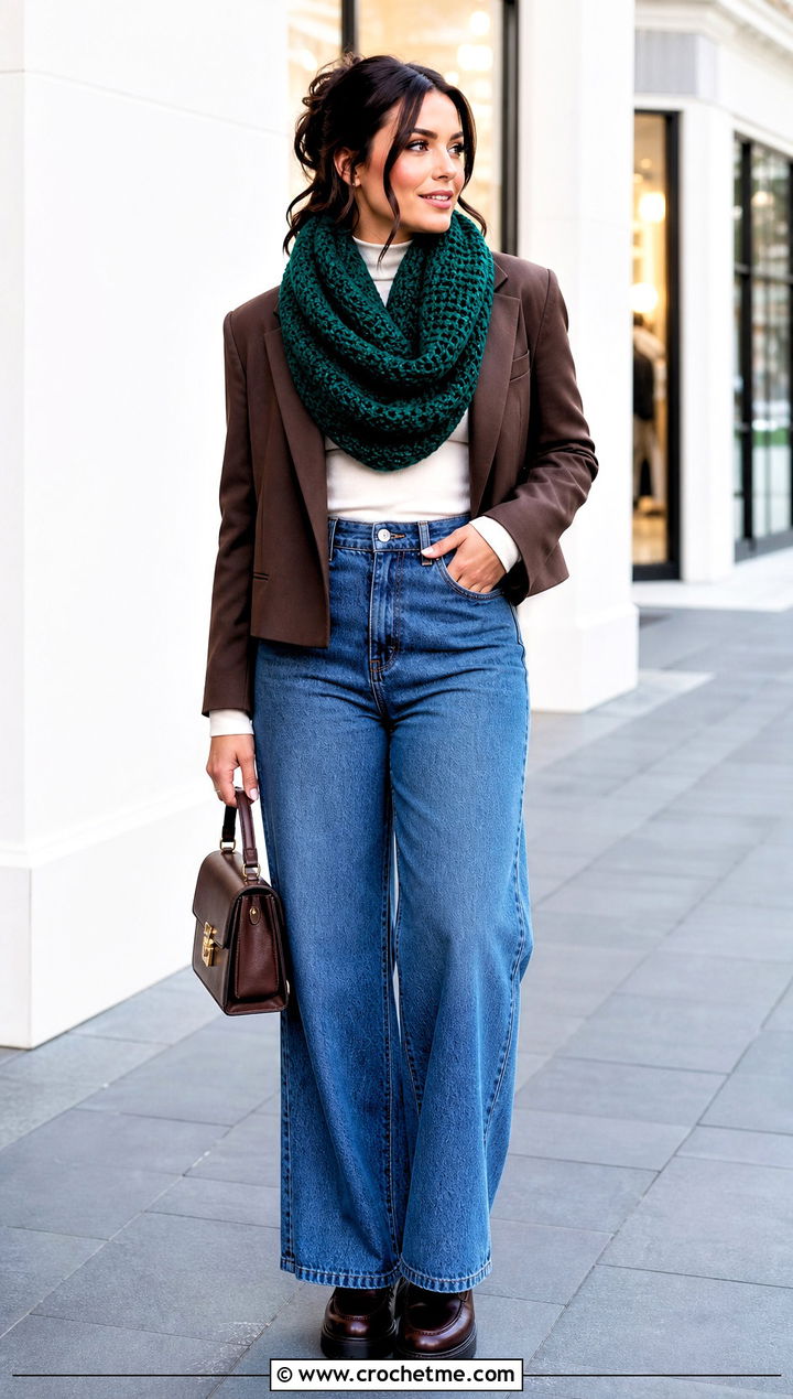 Twisted Crochet Snood Scarf With Wide Leg Jeans - 25 snood crochet scarf outfit ideas