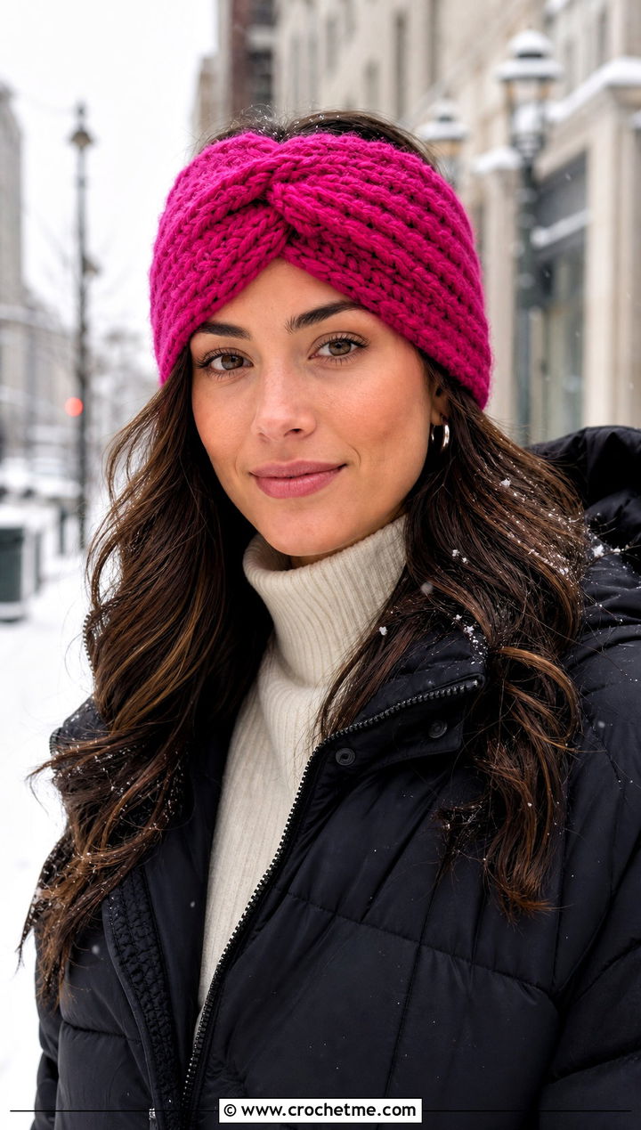 Twisted Crochet Winter Headband With Puffer Coat - 15 crochet winter head band outfit ideas