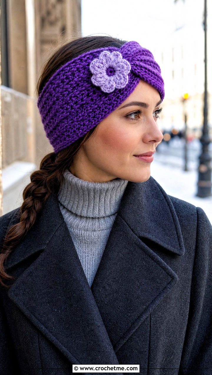 Twisted Daisy Ear Warmer Headband With Wool Coat - 15 daisy flower crochet headband outfit ideas