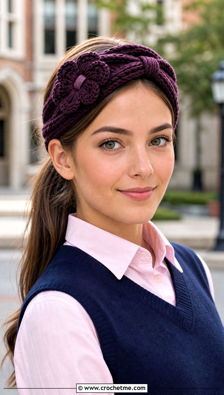 Twisted Flower Crochet Headband With Preppy Outfit - 15 crochet headband with flower design outfit ideas