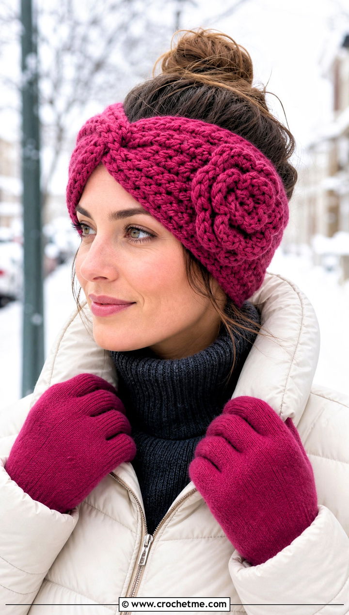 Twisted Flower Ear Warmer With Puffer Jacket - 15 colorful crocheted headband with flower outfit ideas