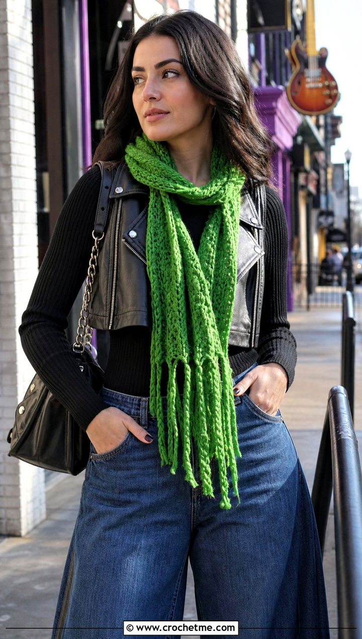 Twisted Fringe Crochet Scarf With Moto Vest - 25 Crochet Scarf Fringe Ideas