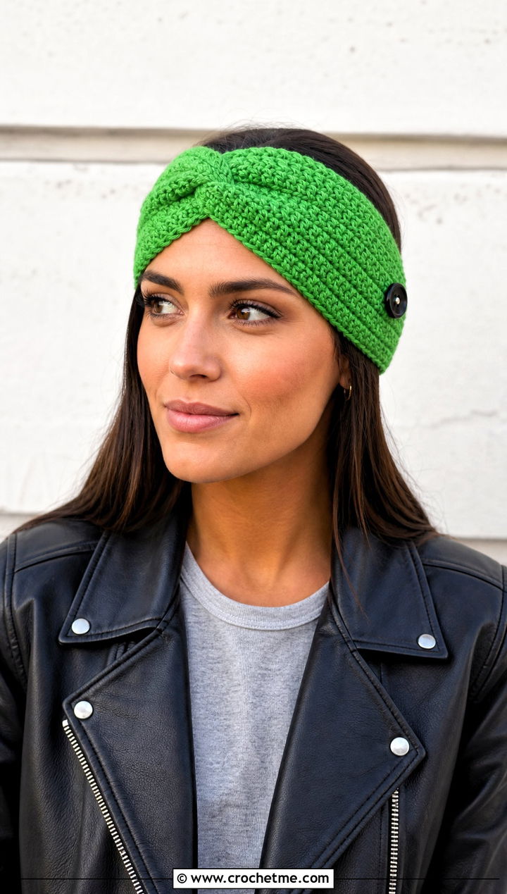 Twisted Front Crochet Button Headband With Leather Jacket - 15 Crochet Button Headband outfit ideas