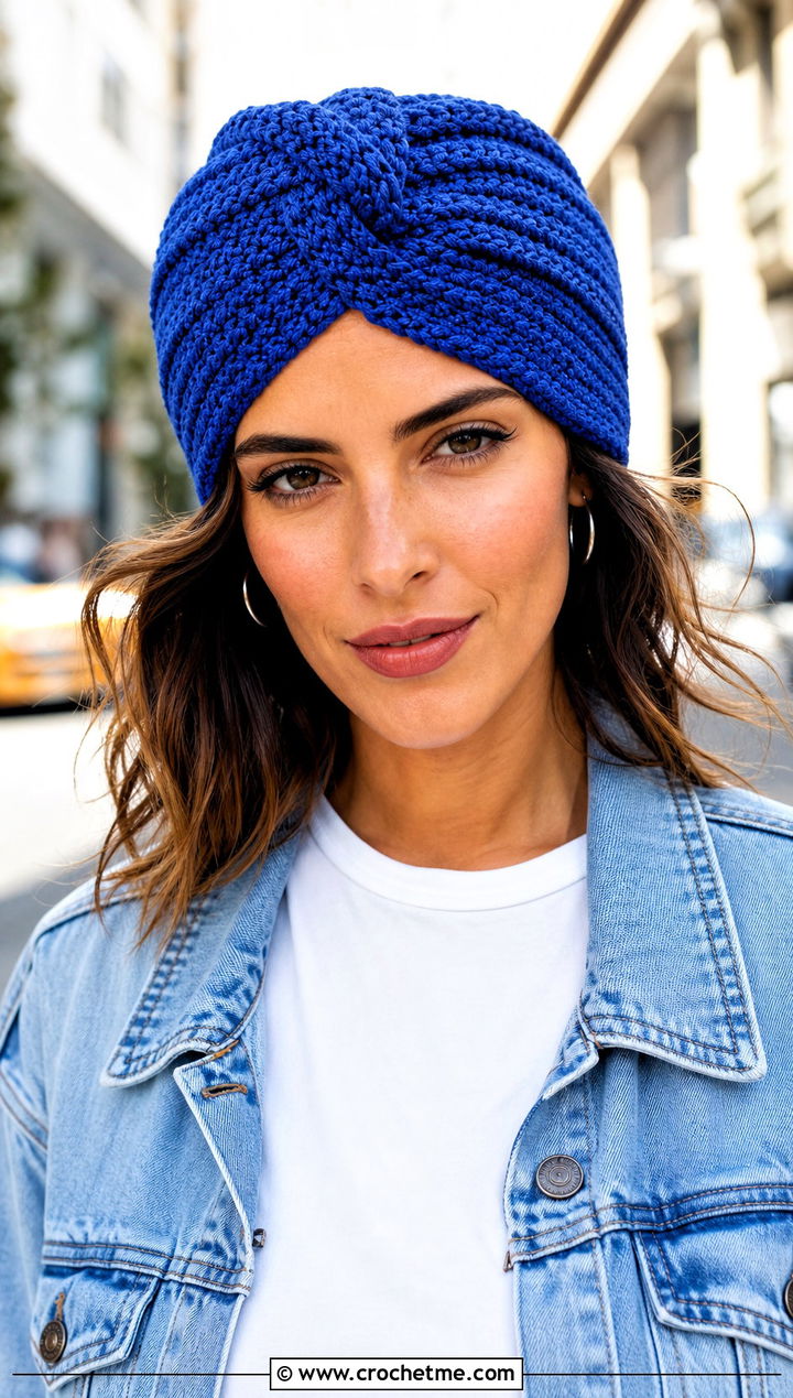 Twisted Front Crochet Turban Hat With Jeans And Sneakers - 35 crochet turban hat outfit ideas