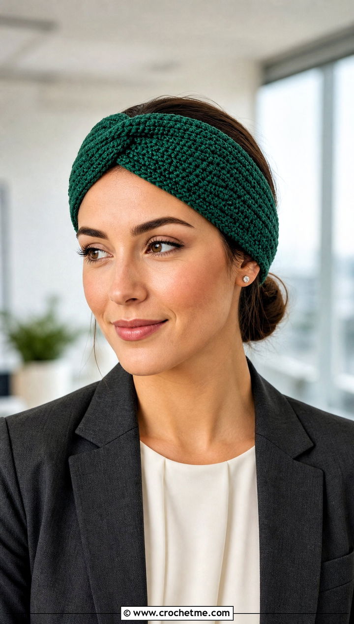 Twisted Green Crochet Headband With Blazer And Trousers - 30 green crochet headband outfit ideas