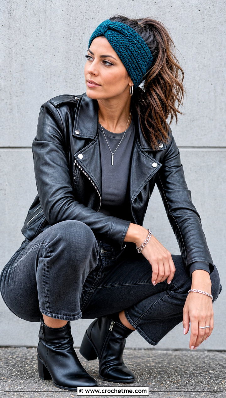 Twisted Hair Tie Crochet Headband With Leather Jacket And Black Jeans - 15 crochet headband using hair tie outfit ideas