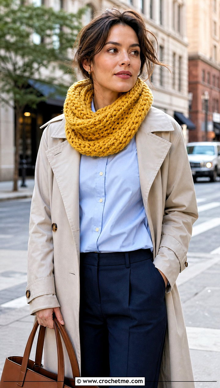 Twisted Infinity Chunky Yarn Crochet Cowl With Trench Coat - 25 Chunky Yarn Crochet Cowl outfit ideas